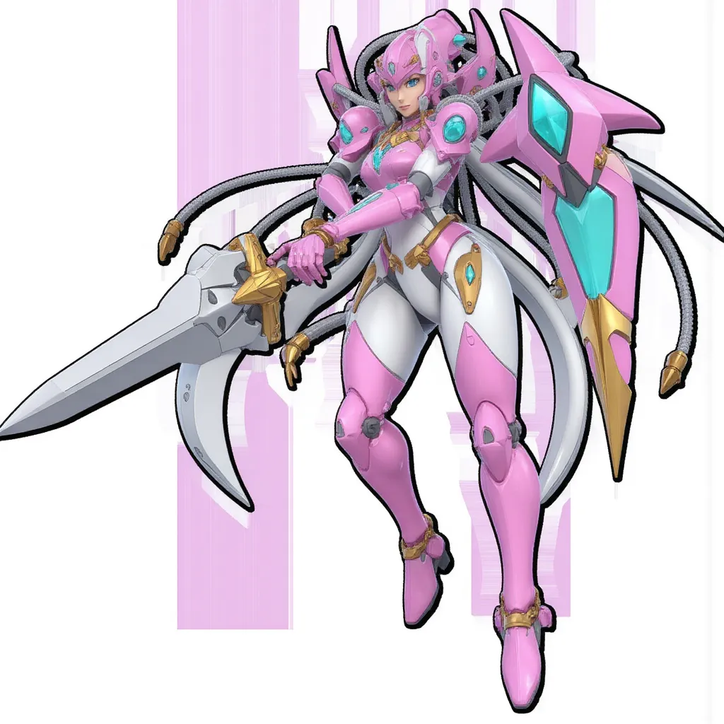 An anime-style mecha character with a feminine design, featuring pink and turquoise armor. The character has a humanoid form, a segmented exoskeleton, and long coiling cables extending from the head. It wields a large sword, and its pose suggests readiness or confidence. The design includes gold accents and angular shapes.Super Smash Bros Ultimate Renders