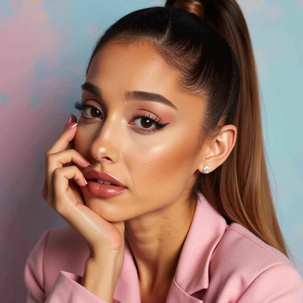 Ariana Grande, glamorous portrait, fashion photoshoot, contemporary pop art style, inspired by the works of Annie Leibovitz, sharp focus, 35mm lens, studio lighting, HDR, pastel colors, high resolution, (intricate details:1.14), (professional:1.2)