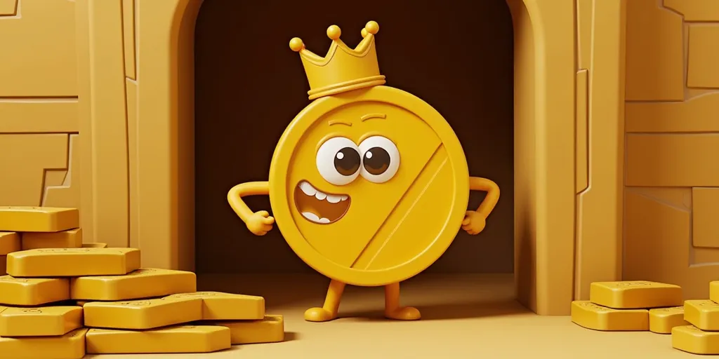 Gold, a coin-shaped golden colourblock, is inside a castle with many gold bars. Gold is wearing a crown. Colourblocks style.