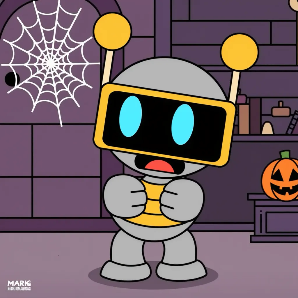 "I See You Halloween" illustration featuring a cute, cartoon robot with a yellow frame and blue glowing eyes. The robot stands in a spooky setting with a cobweb in the background, and appears to be excited or surprised, with its hands clutched in front of its body. The scene exudes a Halloween theme, with muted purple and orange hues.