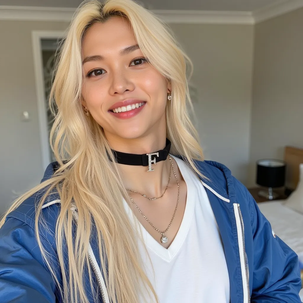 Felix with longest blonde hair white T-shirt blue jacket black choker with F on choker Diamonds He making selfie looking at camera smile showing teeth in bedroom in Sydney  , Australia