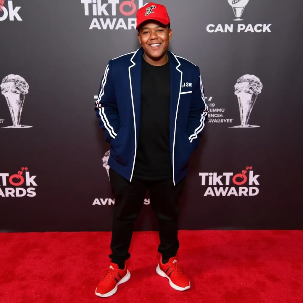 Kyle Massey with black T-shirt dark blue blazer with white stripes black pants red shoes  red cap He appears smiling showing teeth in TikTok Awards red carpet