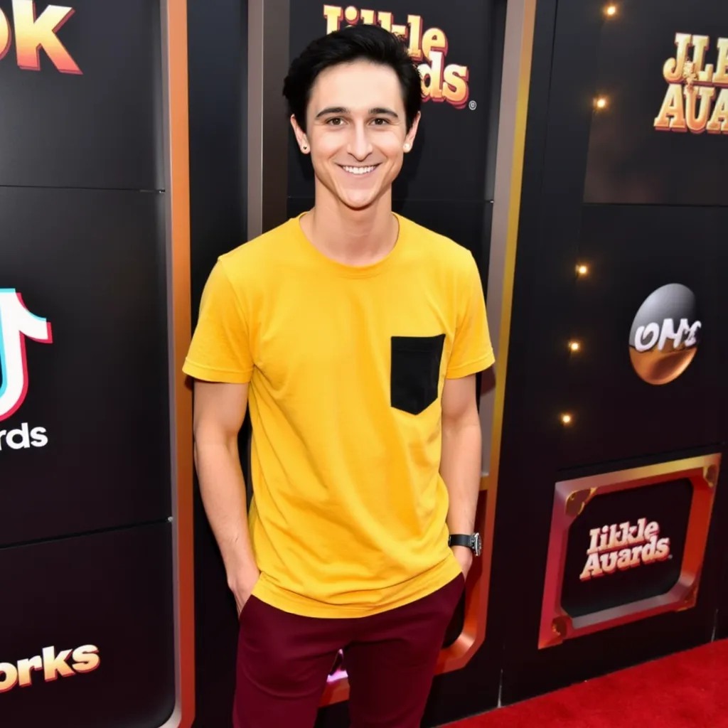 Mitchel Musso with yellow T-shirt with pocket dark red pants black shoes all star He appears smiling showing teeth on TikTok Awards red carpet