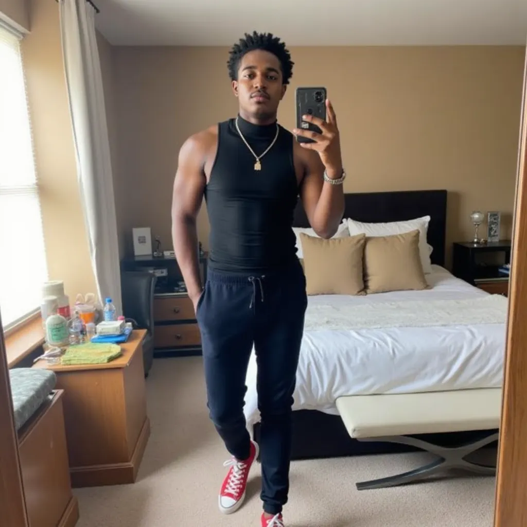 Issac Ryan Brown  with black neck shirt dark blue pants red all star shoes selfie with cellphone in bedroom in London