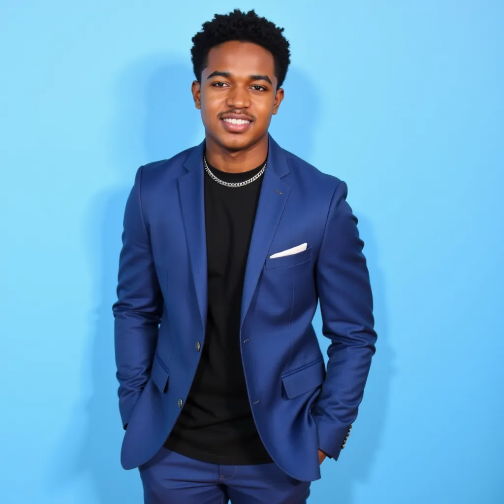 Issac Ryan Brown with black neck shirt blue blazer with bottons and pockets blue jeans pants red all star shoes photoshoot in light blue background with Paparazzi's camera flash He smiling looking at camera