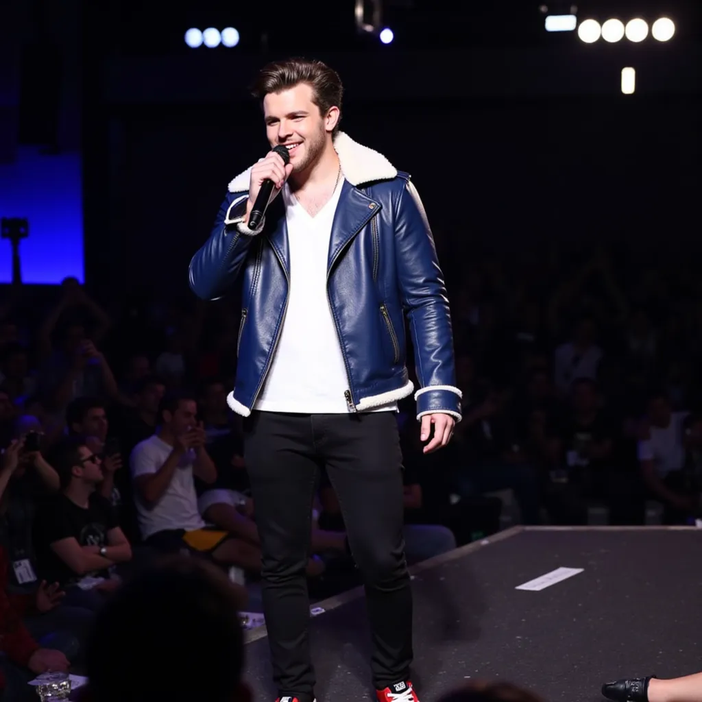 Sean Ryan Fox with white v neck T-shirt blue leather jacket with white fur on back black pants red all star shoes He appears singing happy in stage in California,  EUA