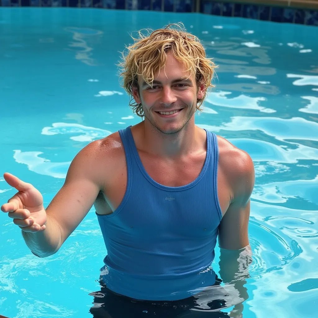 Ross Lynch with wet hair blue sleeveless shirt He appears in one pool making thumbs up and smile