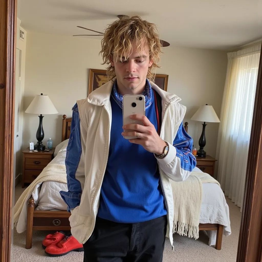 Ross Lynch with wet hair blue shirt white sleeveless jacket  black pants red shoes selfie with cellphone in bedroom in Littleton  , Colorado