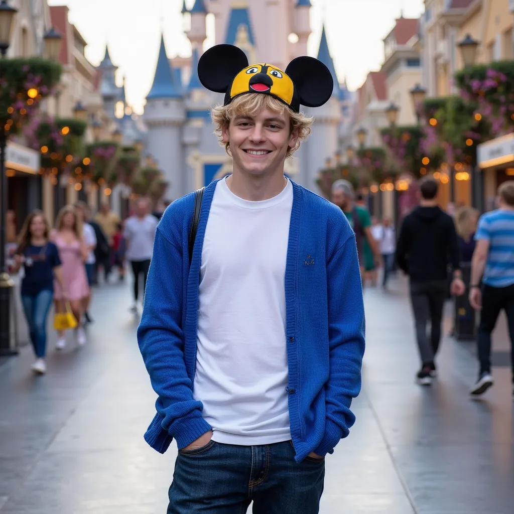 Ross Lynch with white T-shirt blue sweater Mickey's hat nlue jeans pants black boots He appears smiling showing teeth looking at camera in Disneyland