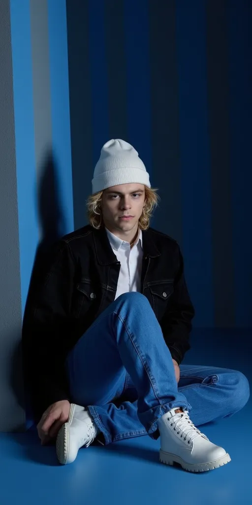 Ross Lynch with black jacket white shirt to neck white beanie blue pants white boots He appears sitting on floor in dark blue background with walls and grey stripes He appears with relaxed expression