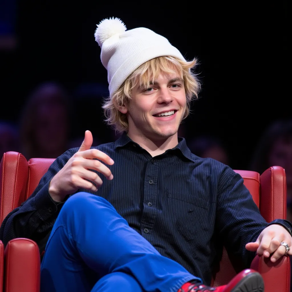 Ross Lynch with black shirt with blue stripes white beanie blue pants red shoes He appears sitting in chair conversation gesturing with his hand in Comic Con in Los Angeles
