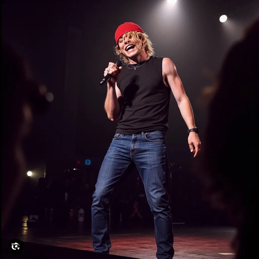 Ross Lynch with blue jeans sleeveless shirt black pants black shoes red beanie He appears  singing happy in stage in Los Angeles the camera focusing on Him only Him behind Him appears stage lights