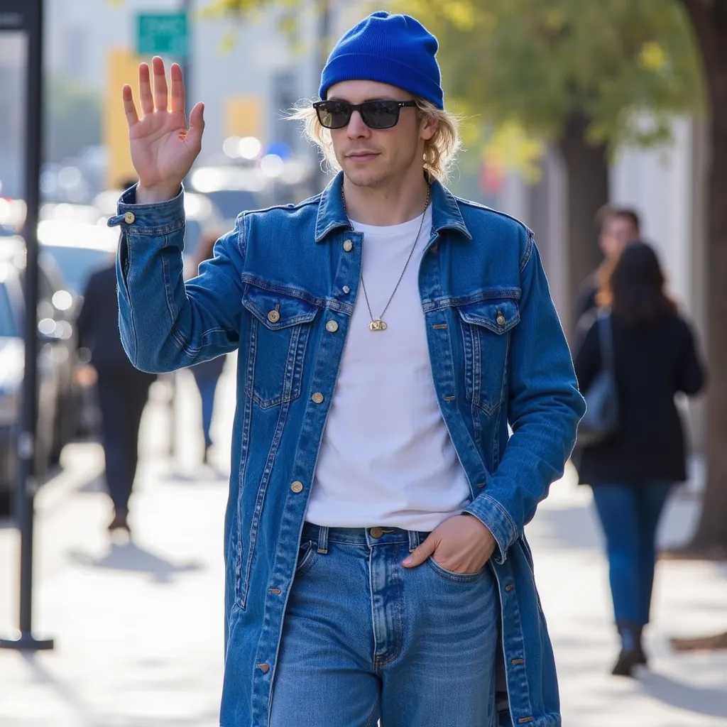 Ross Lynch with white shirt to neck longest blue jacket with bottons blue jeans pants black boots blue beanie He appears walking with Sunglasses in Los Angeles street He appears waving