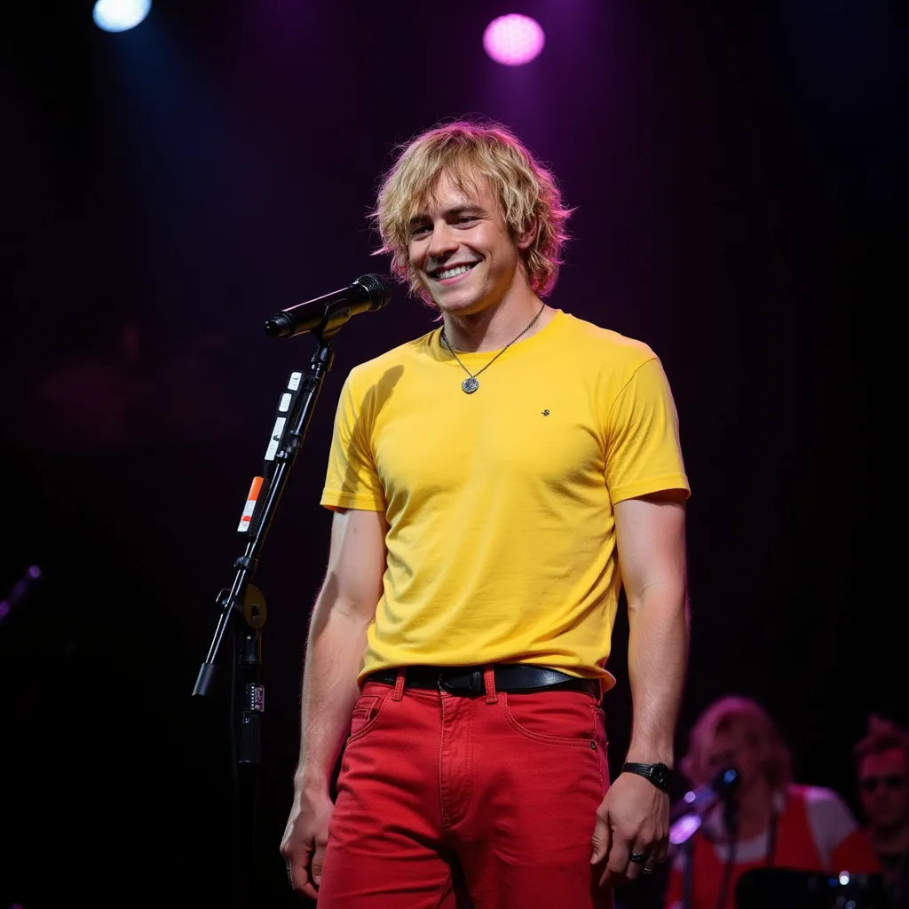 Ross Lynch with yellow T-shirt red jeans pants black shoes He appears smiling in stage in Los Angeles microphone on tripod
