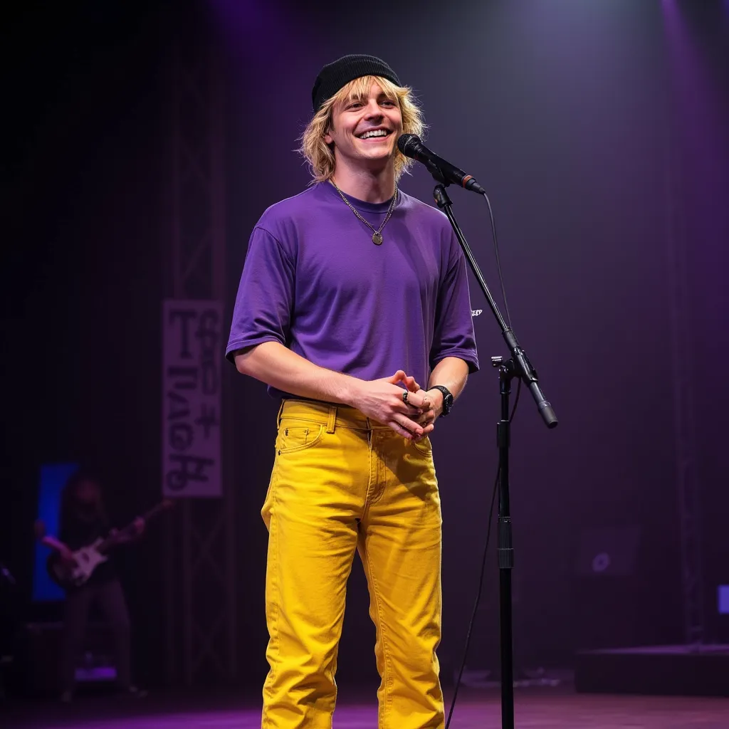 Ross Lynch with purple T-shirt yellow jeans pants black shoes black beanie He appears smiling in stage in Los Angeles microphone on tripod  hands on tripod