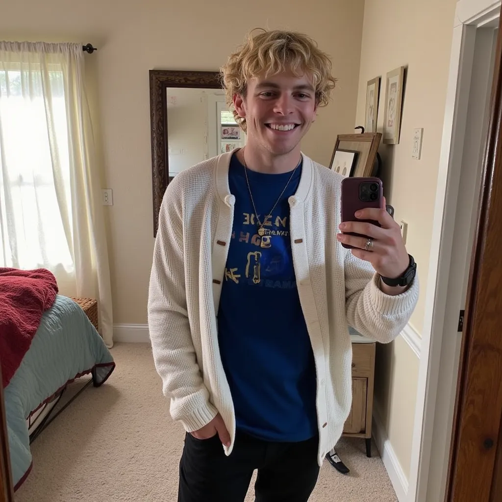 Ross Lynch  with blue shirt white sweater black pants red shoes He appears smiling showing teeth selfie looking at camera in bedroom in Littleton  , Colorado