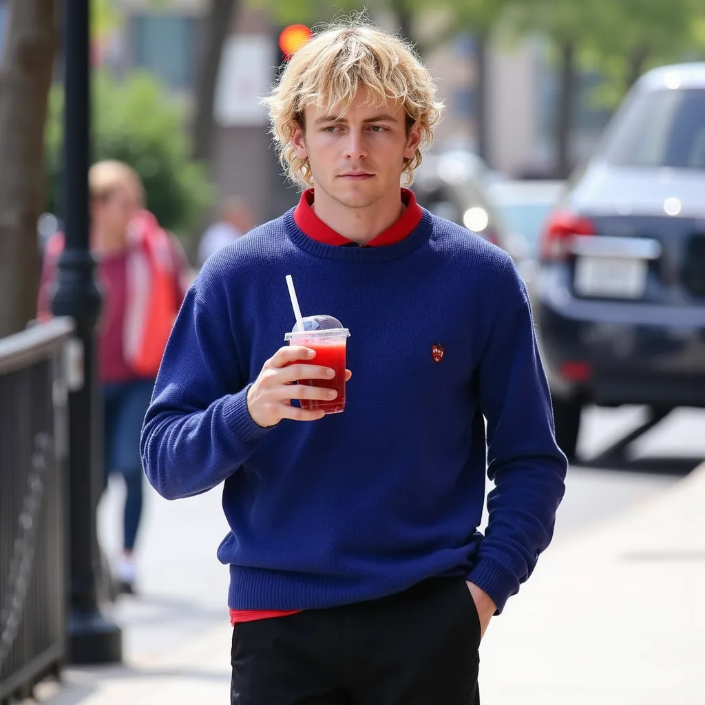 Ross Lynch with red shirt blue sweater black shoes black pants He appears with cup with Strawberry Juice He appears walking in Los Angeles street