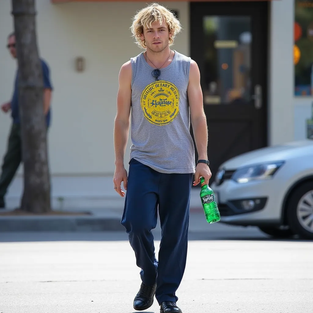 Ross Lynch  with grey sleeveless shirt with yellow stamp dark blue pants black shoes He appears with Sprite bottle on his hand walking in Los Angeles street