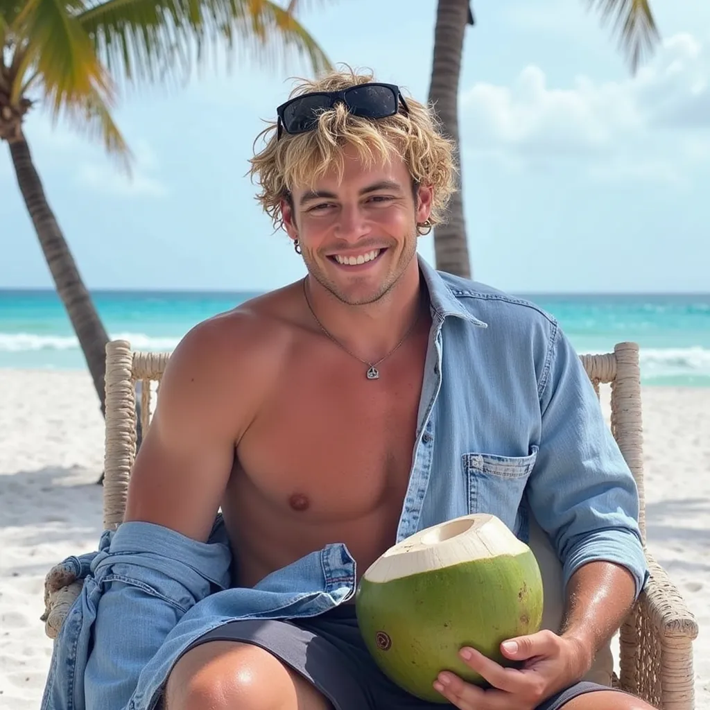 Ross Lynch  shirtless blue shirt in his shoulder with coconut coconut water in his hand He appears sitting on chair in Beach Beach in Miami He appears with Sunglasses on his forehead He appears smiling