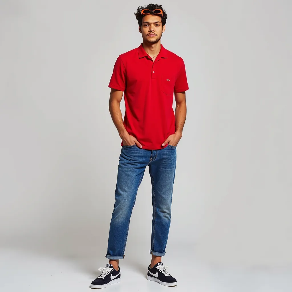 Pedro Henrique  with red casual shirt Sunglasses in his head blue jeans pants Nike shoes He appears in a magazine Vogue with name The Famous of Moment