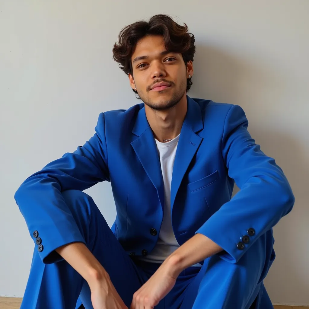 Pedro Henrique with blue blazer with bottons and pocket blue pants black shoes sitting on floor He appears in a magazine Famous of Moment