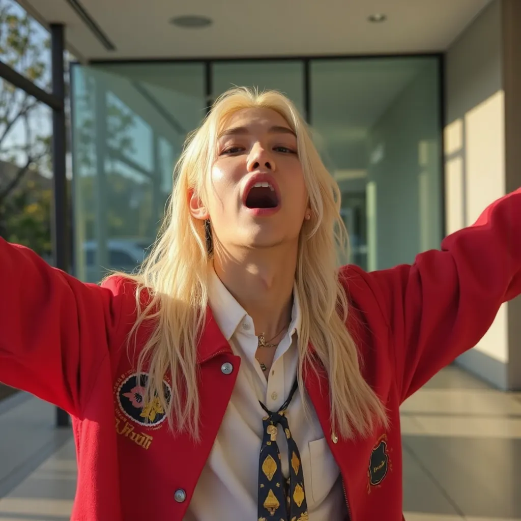 Felix with longest  blonde hair yawning with arms outstretched/with a hand covering mouth