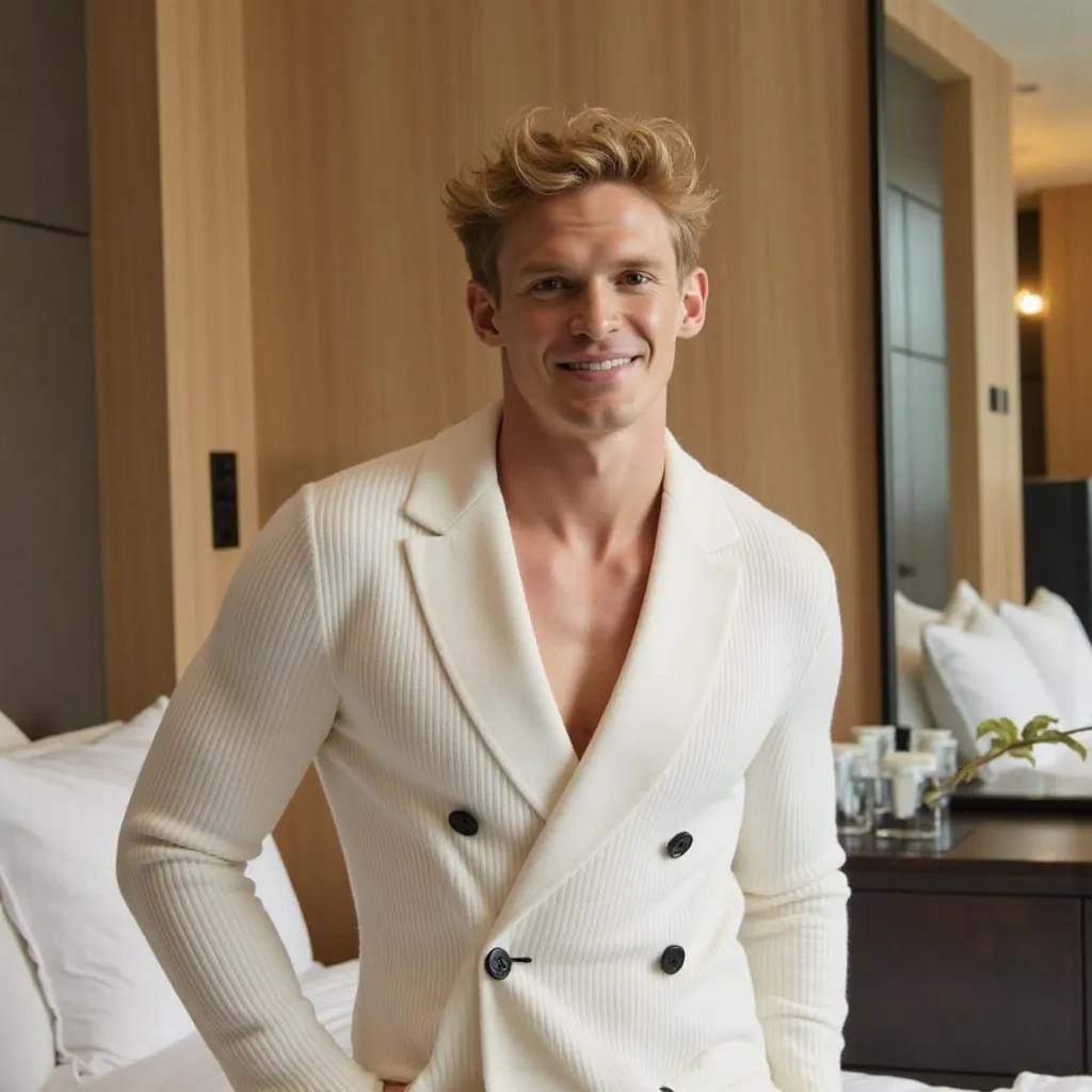 Cody Simpson with bathrob smiling looking at camera in bedroom in Sydney    ,   Australia