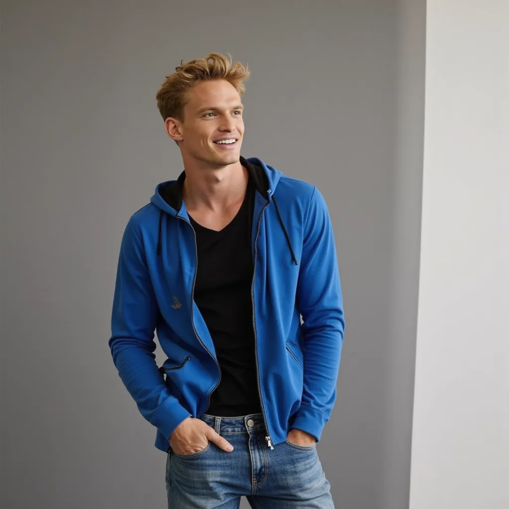 Cody Simpson with blue jacket black shirt blue jeans pants black shoes selfie in bedroom in Sydney  , Australia with white shirt Calvin Klein black short Nike black shoes Nike He appears smiling He as Tennis player photoshoot in grey background He appears posing