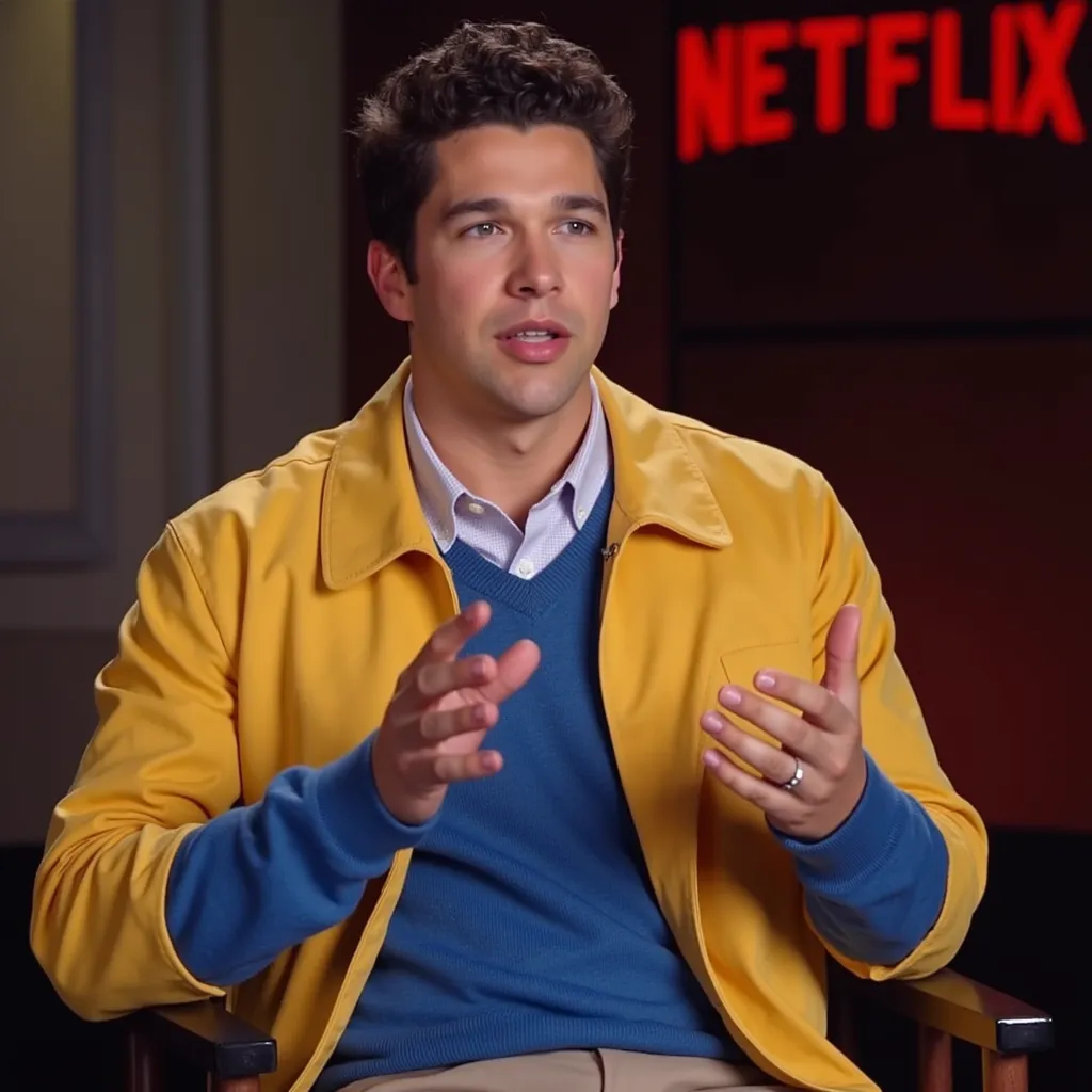 Austin Mahone with yellow shirt blue sweater He appears in Netflix event making conversation gesturing