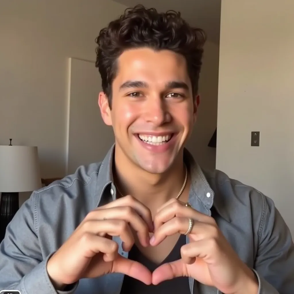Austin Mahone with neck grey shirt He appears smiling making heart shape with hand in video call Interview in Los Angeles