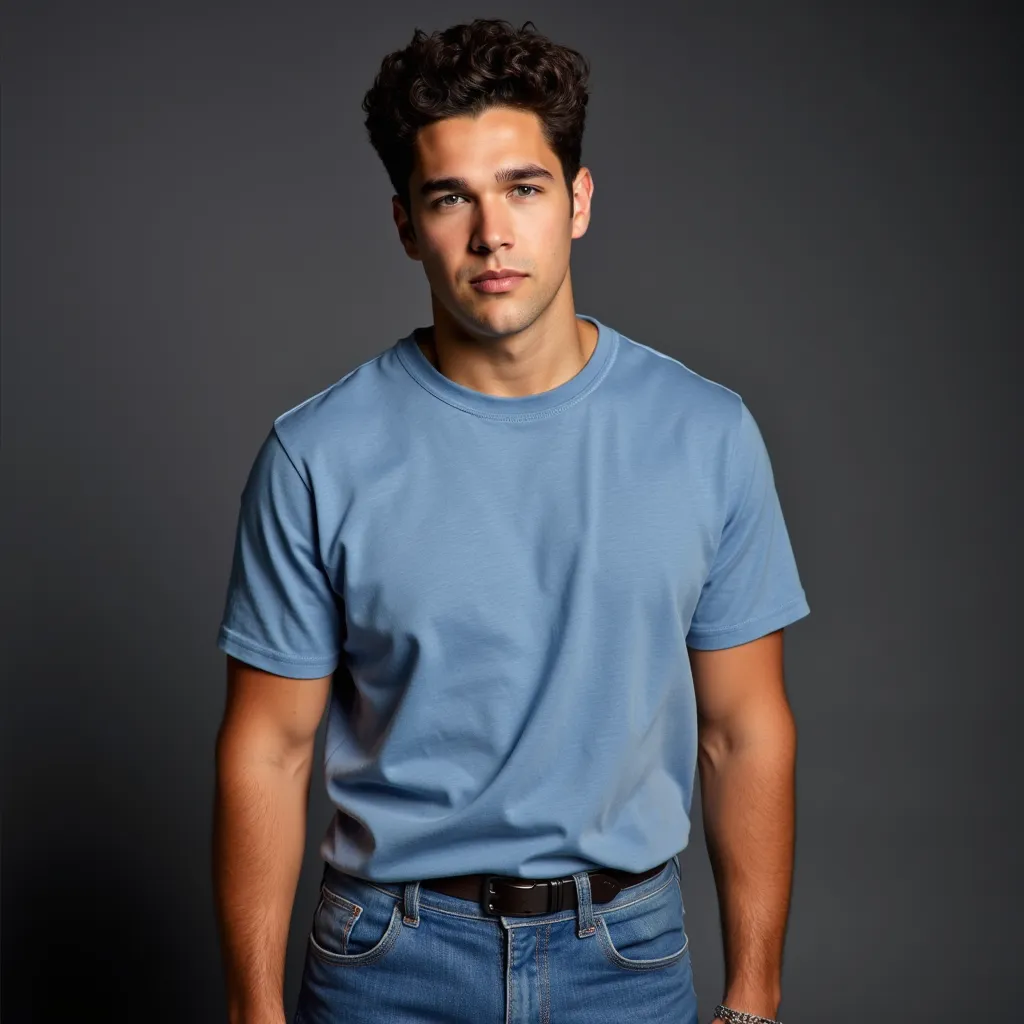 Austin Mahone  with soft blue T-shirt blue jeans pants He appears with intent expression in dark grey background