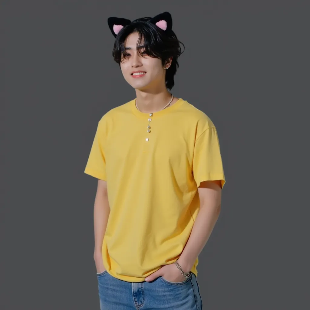 Han with yellow T-shirt with bottons showing chest black cat ears headband blue jeans pants red all star shoes dark grey background Han's expression is comtemplative