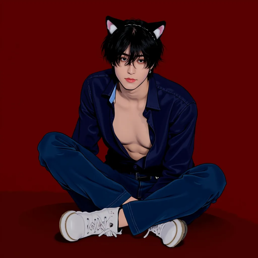 Han with dark blue shirt showing chest black cat ears headband blue jeans pants white boots He appears sitting on floor in dark red background contemplative expression