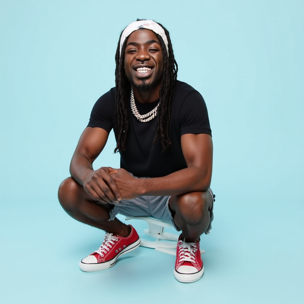 Gazo with twisted long hair white bandanna in head black T-shirt grey short red all star shoes He appears smiling showing teeth in light blue background photoshoot He appears posing