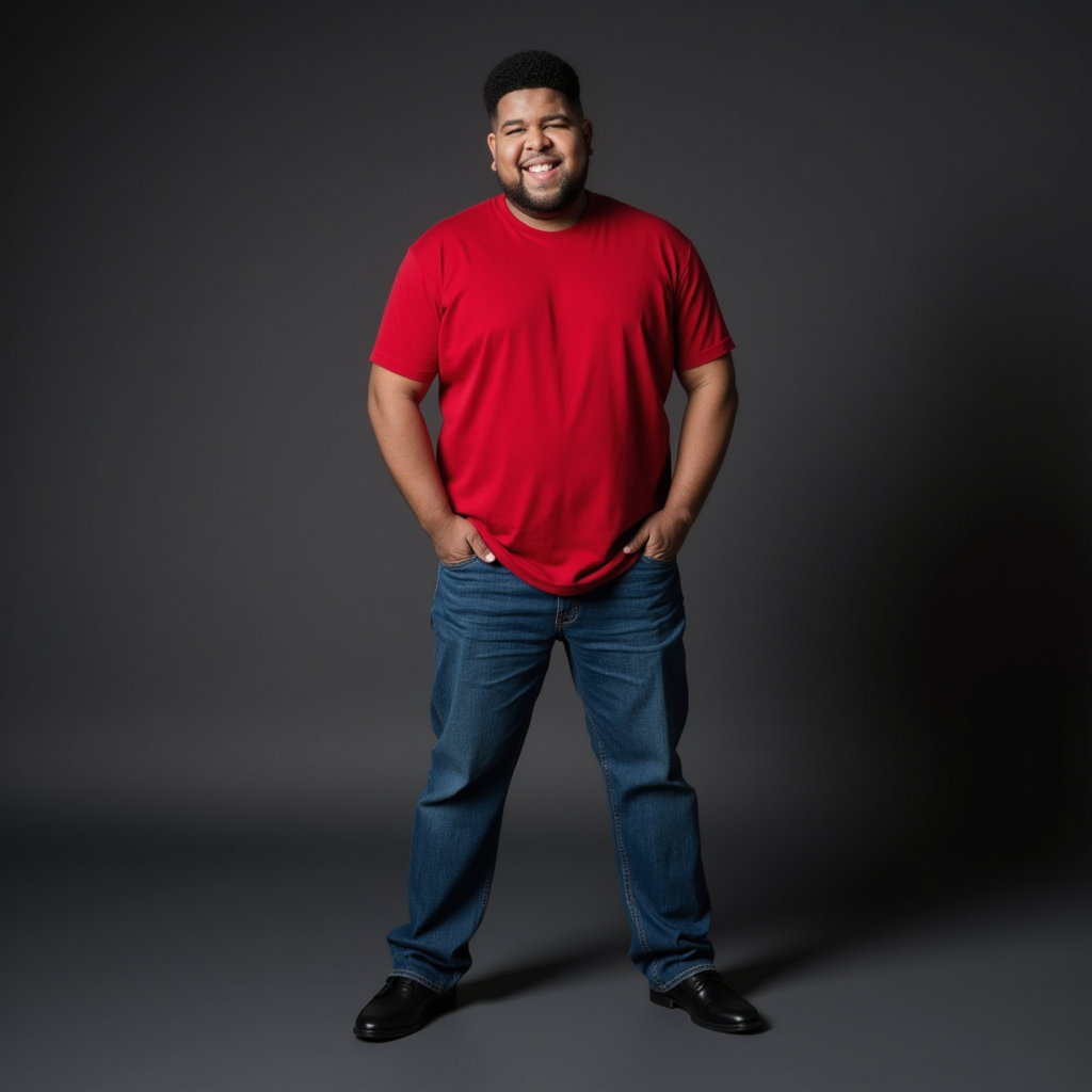 Ray Dalton with red T-shirt blue jeans pants black shoes He appears smiling showing teeth posing in dark grey background photoshoot session
