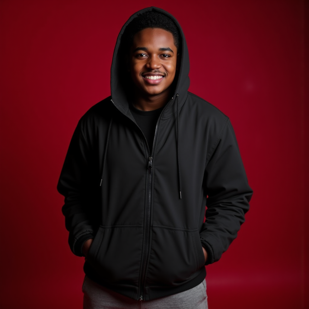 Issac Ryan Brown with black jacket with hood grey pants He appears smiling photoshoot session in dark red background