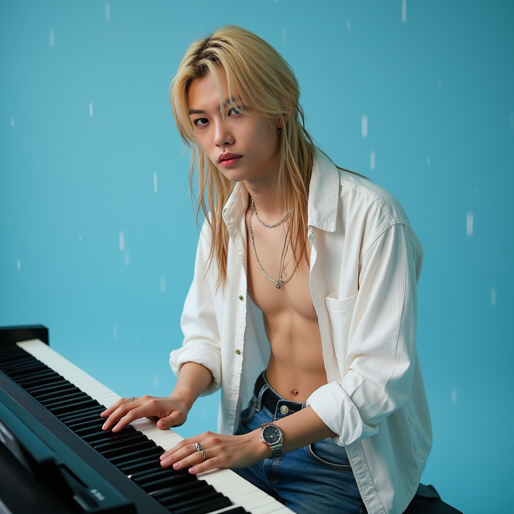 Felix with longest blonde hair He appears wet white shirt with mangos showing chest blue jeans pants black shoes He appears with wet clothes lip ring He appears playing piano in light blue background with rain falling on Him photoshoot session