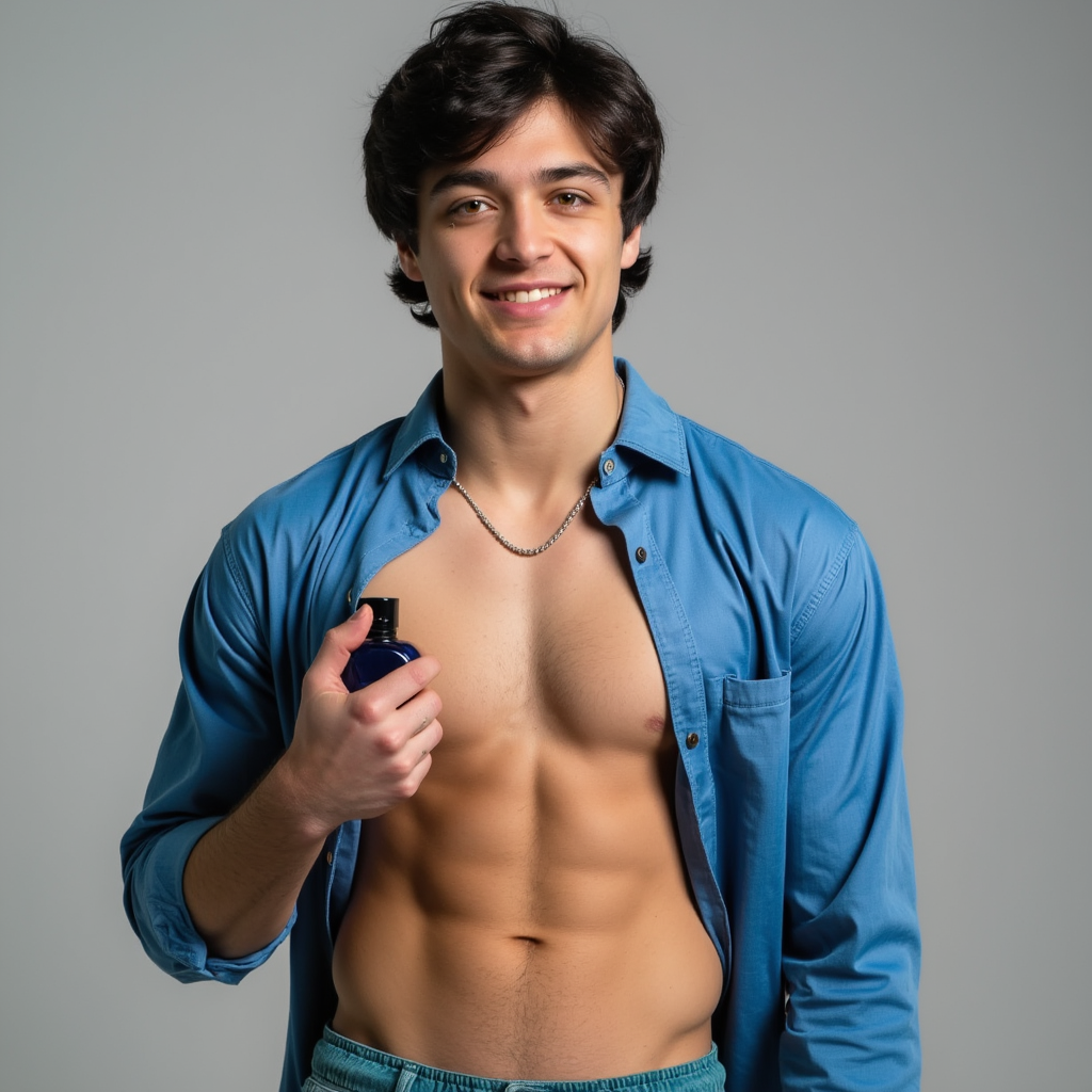Asher Angel with blue shirt showing chest silver necklace with A He wears teal pants Asher appears smiling showing teeth Avon perfume bottle in his hand He appears in grey background