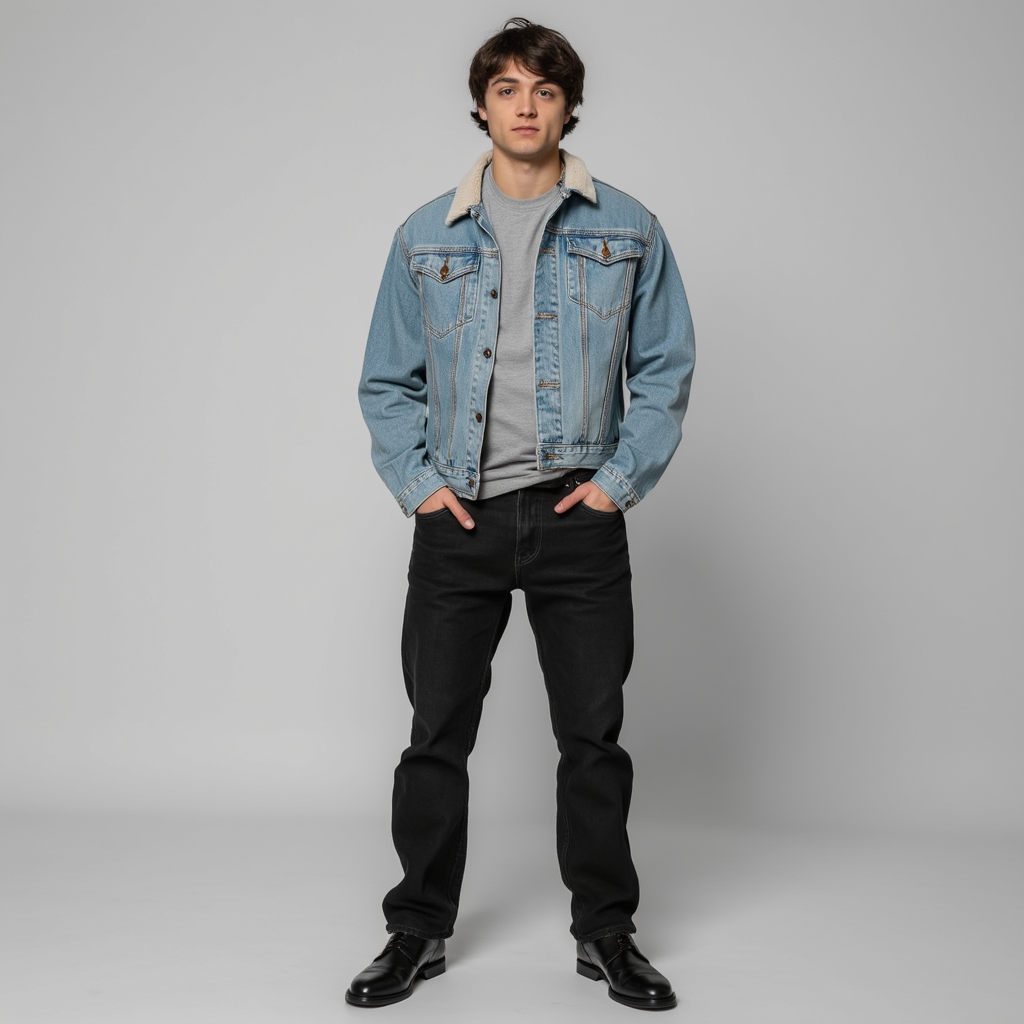 Asher Angel with grey T-shirt light blue denim jacket black pants black shoes photoshoot session in light grey background