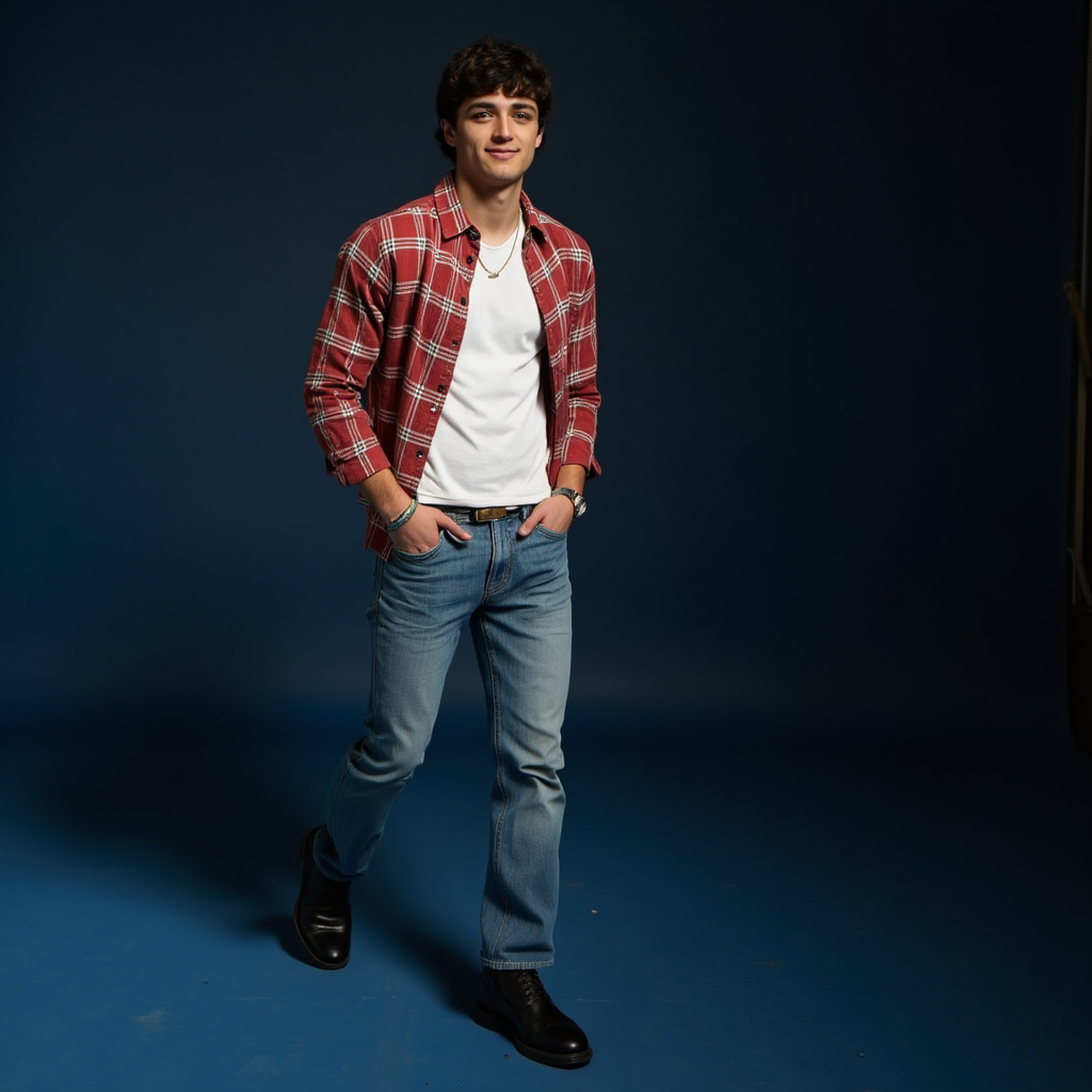 Asher Angel with silver necklace with letter A white shirt checkered red sleeve shirt over blue jeans pants black boots dark blue background with natural light yellow lights on top Asher appears smiling posing photoshoot session