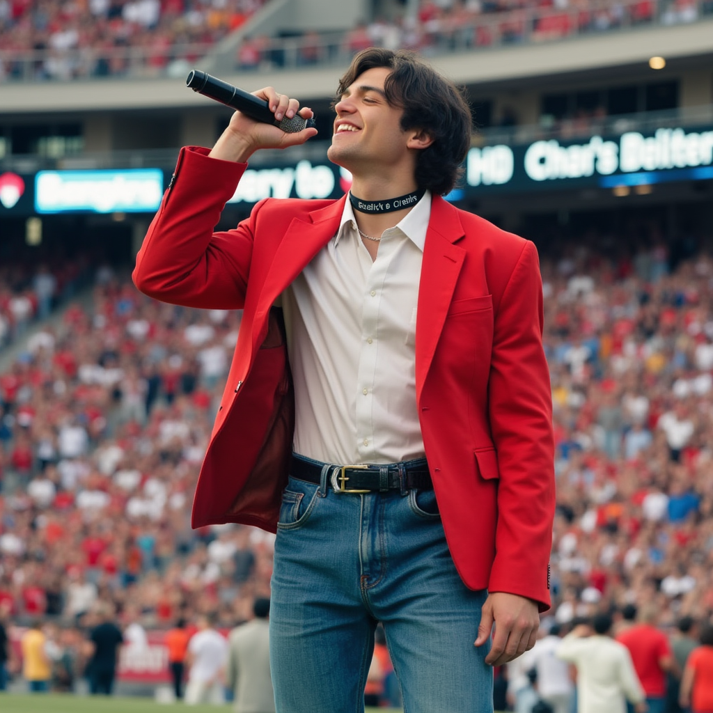 Asher Angel  with white shirt showing chest longest red blazer with bottons blue jeans pants black shoes black choker with letter A Asher appears singing happy with closed eyes microphone on his hand in football stadium in Los Angeles