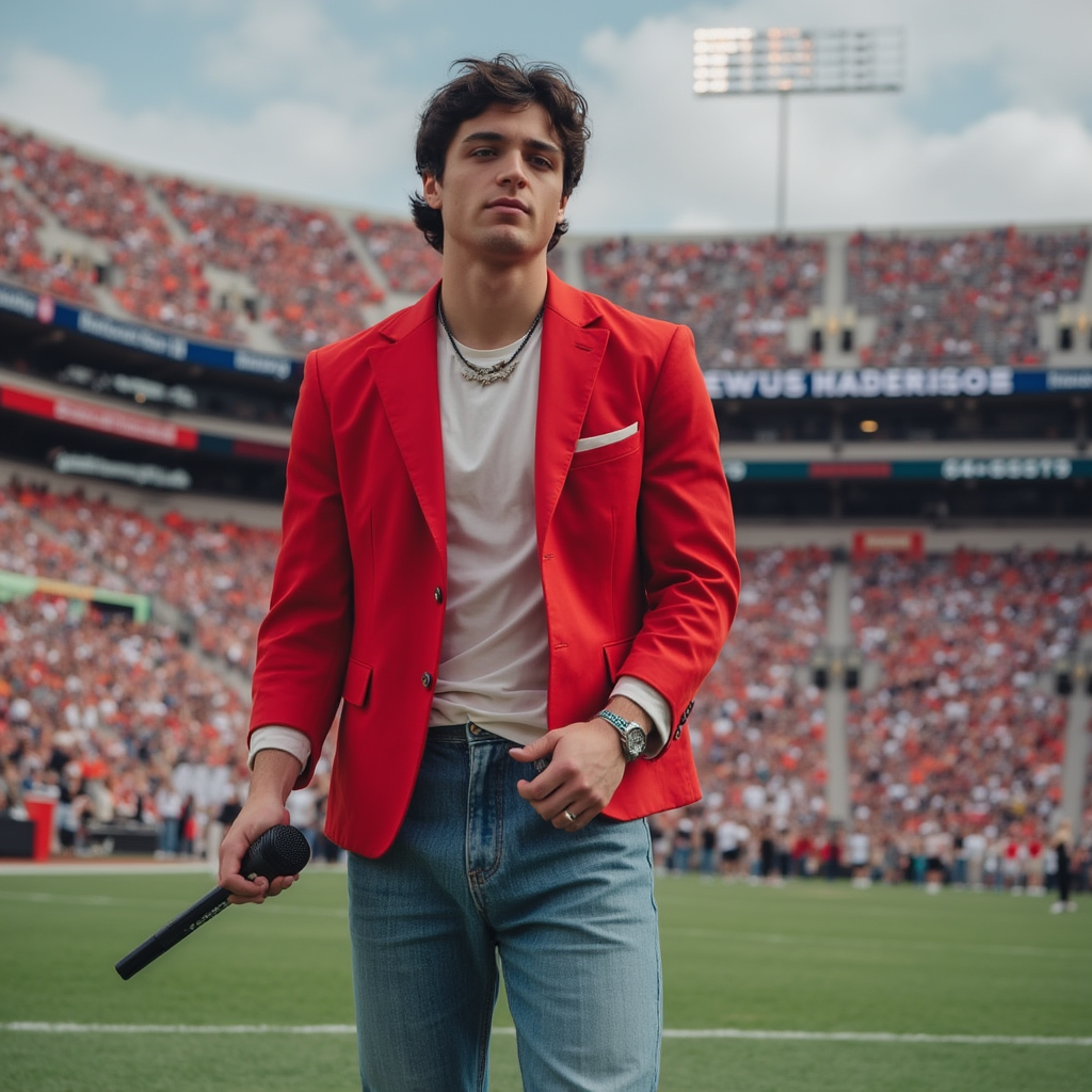 Asher Angel  with white shirt showing chest longest red blazer with bottons blue jeans pants black shoes black choker with letter A Asher appears singing happy    microphone on his hand in football stadium in Los Angeles