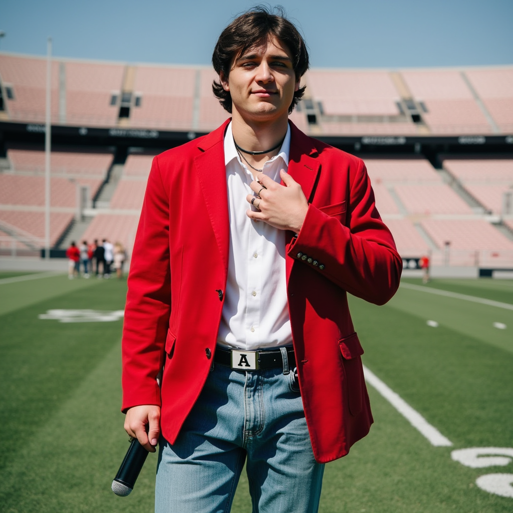 Asher Angel  with white shirt showing chest longest red blazer with bottons blue jeans pants black shoes black choker with letter A Asher appears singing happy with closed eyes microphone on his hand hand on chest in football stadium in Los Angeles