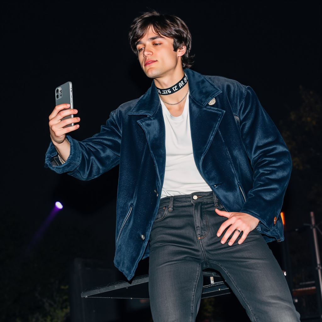 Asher Angel with white shirt dark blue fur bottons up blazer black choker with big letter A on choker black jeans pants red shoes making selfie in stage in Los Angeles Asher wears headset ear microphone