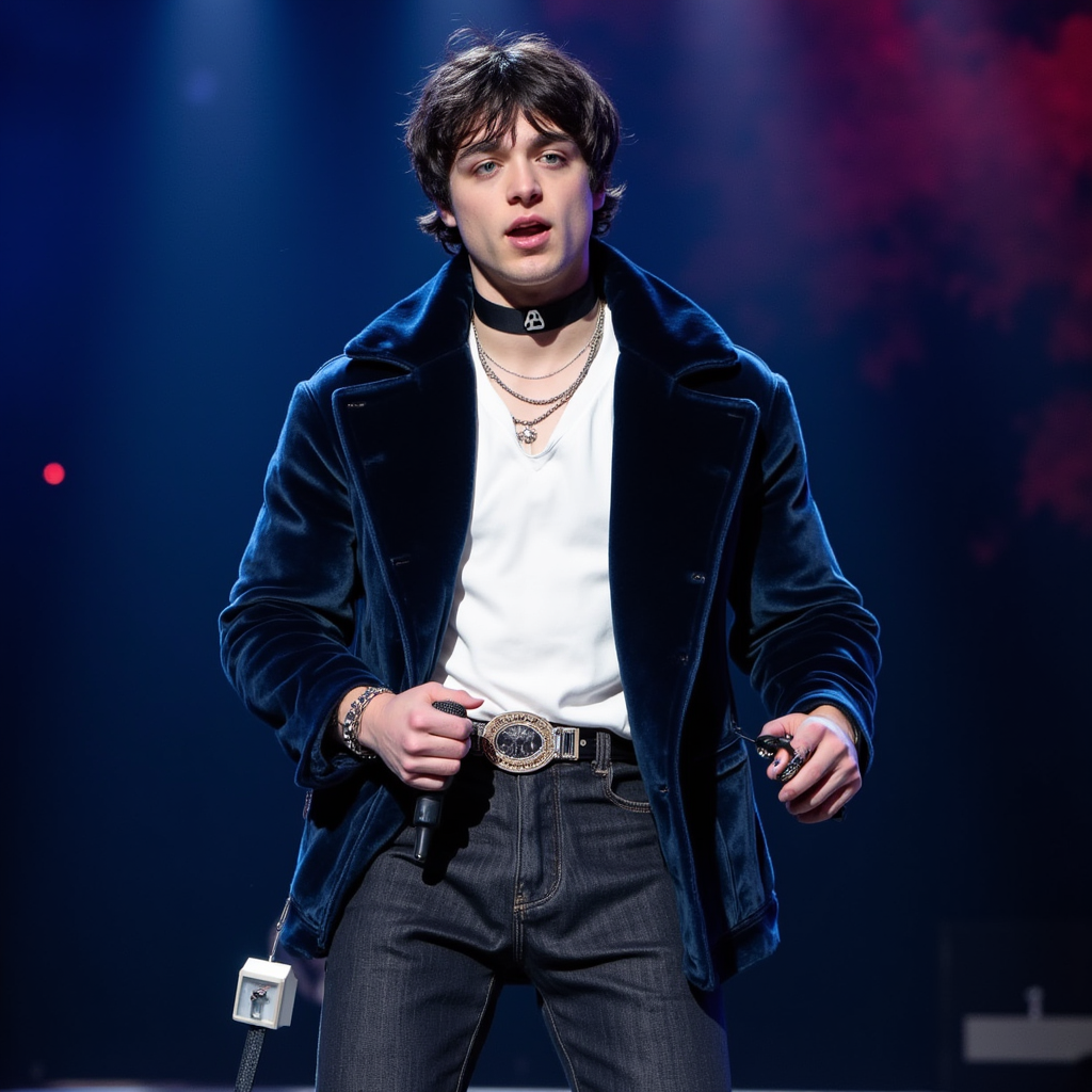 Asher Angel with white shirt dark blue fur bottons up blazer black choker with big letter A on choker black jeans pants red shoes  with microphone on hand  intrnse expression in stage in Los Angeles Asher wears headset ear microphone