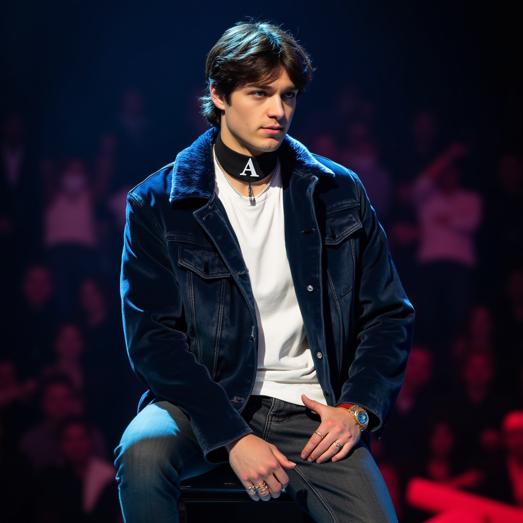 Asher Angel with white shirt dark blue fur bottons up blazer black choker with big letter A on choker black jeans pants red shoes  with microphone on hand  intense expression looking at camera in stage in Los Angeles Asher wears headset ear microphone