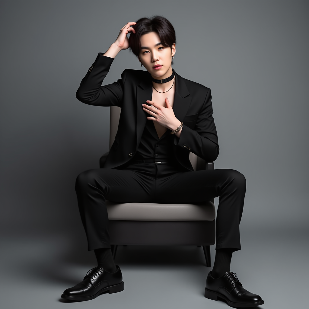 SUGA with black black blazer showing your chest black choker red necklace black shoes He appears with serious expression sitting in chair in square form He appears with hand on hair photoshoot in grey background
