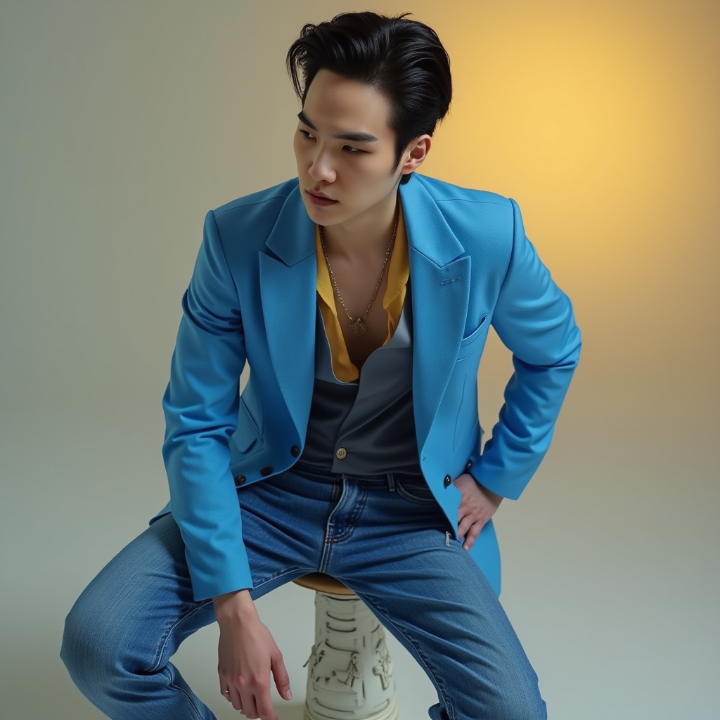 SUGA with Male halter top blue longest blazer with bottons blue jeans pants white boots intense serious expression photoshoot session in light yellow filter grey background