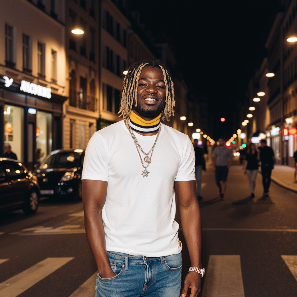 Gazo with twisted long hair yellow choker silver cord white T-shirt blue jeans pants red all star shoes He appears smiling showing teeth in street in night in Paris France  photo with peaceful atmosphere