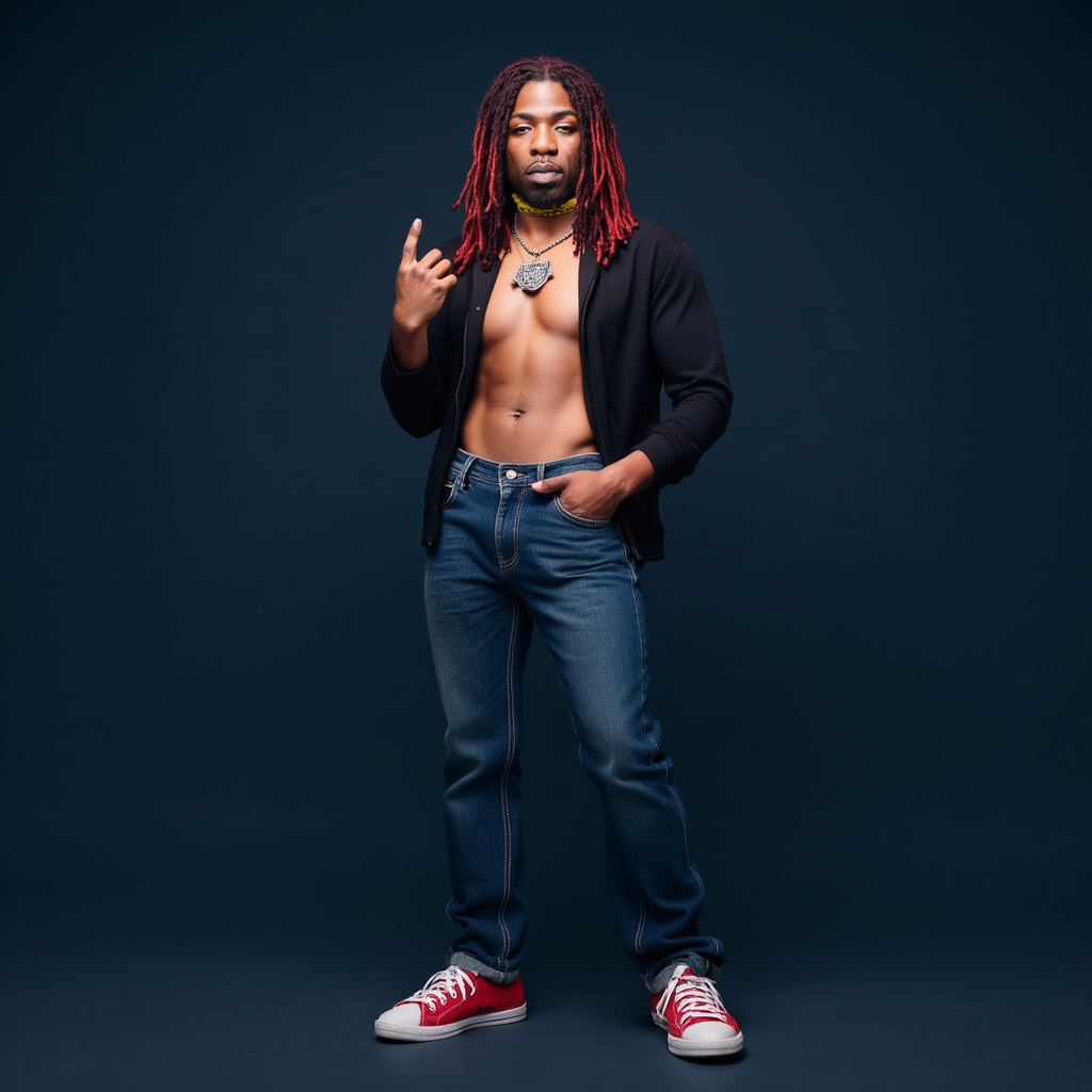 Gazo with longest twisted hair yellow choker silver cord black shirt showing chest blue jeans pants red all star shoes He appears making duck face posing in dark blue background  realistic photo